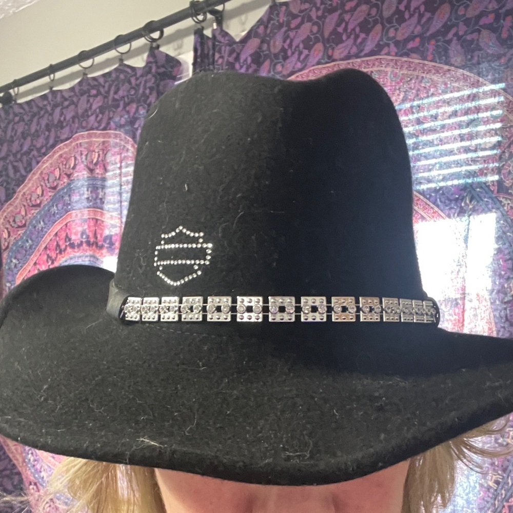 Harley-Davidson Black Felt Western Hat w/ Rhinestone Band – Medium